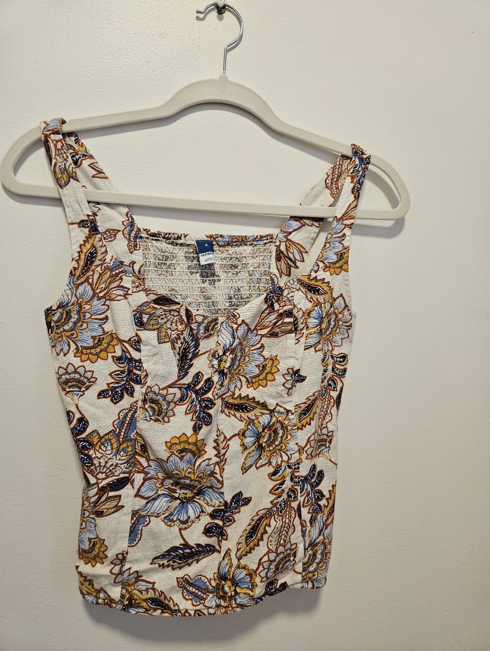 Old Navy Cream Floral Smocked Tank with Blue & Mustard Accents